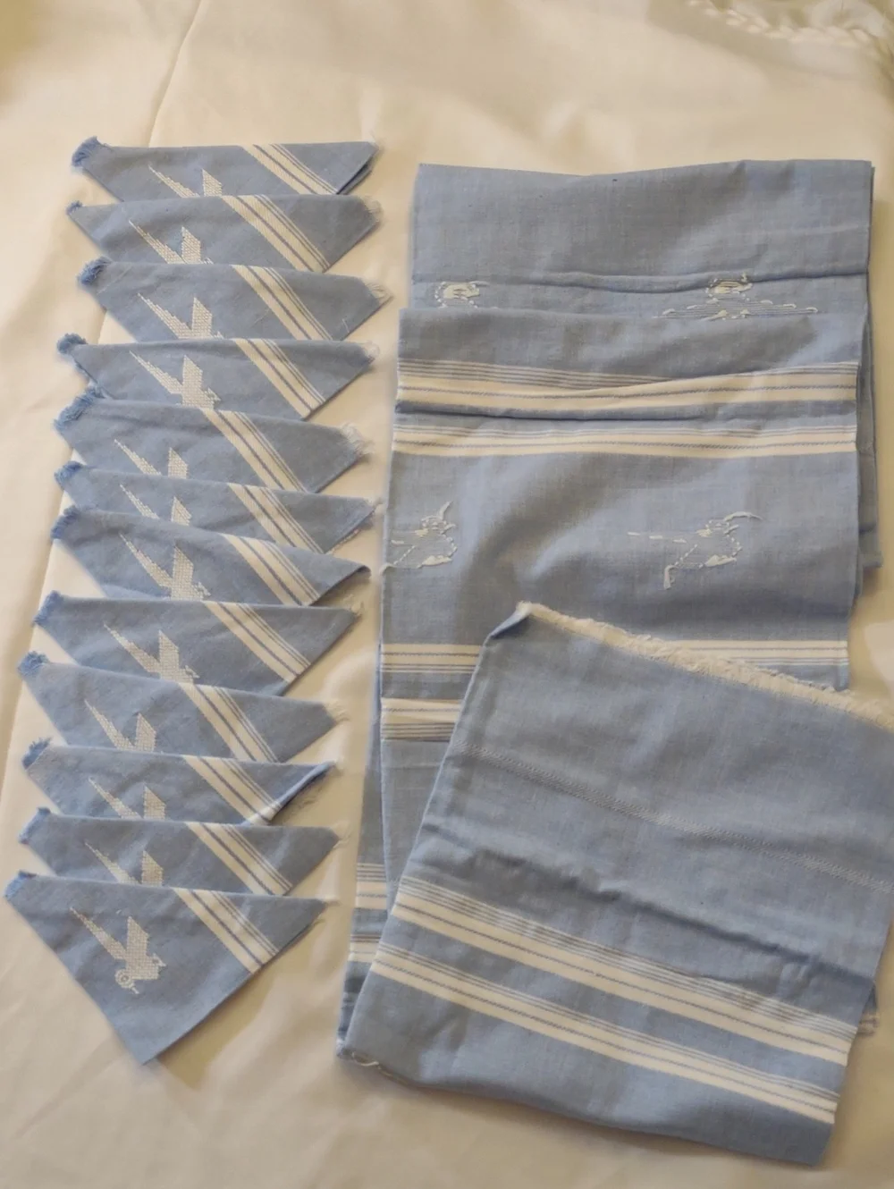 Vintage Hand Woven/Embroidered Lt. Blue Striped Napkin & Table Cloth/Runner Set